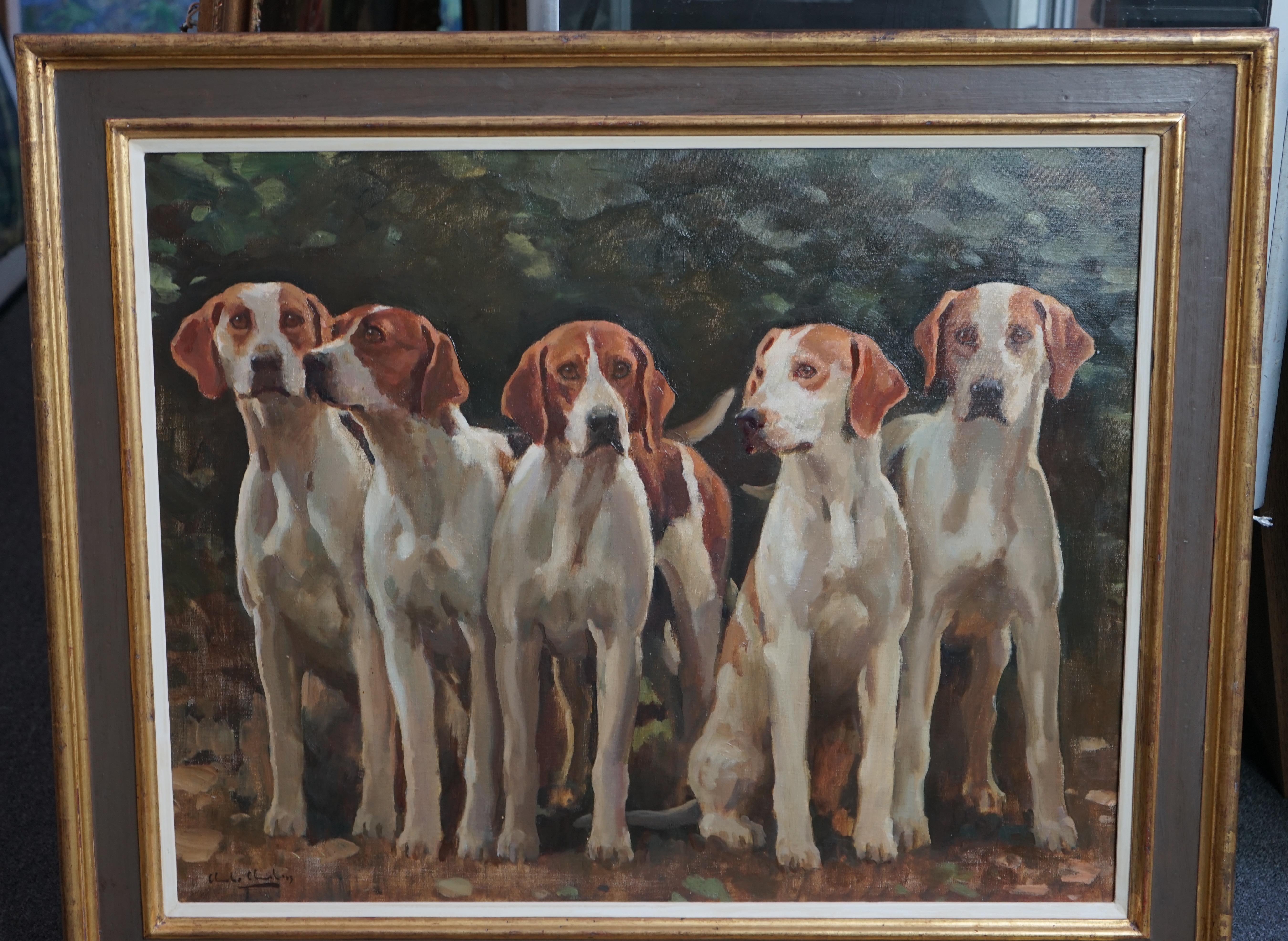 Charles Church (British, b.1971), Study of five hounds, oil on canvas, 60 x 75cm